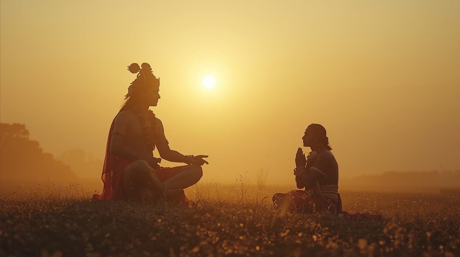 Lord Krishna imparting wisdom to Arjuna on the battlefield of Kurukshetra, golden morning light, symbolizing the soul’s freedom and self-awareness from Bhagavad Gita Chapter 2 Shloka 11.