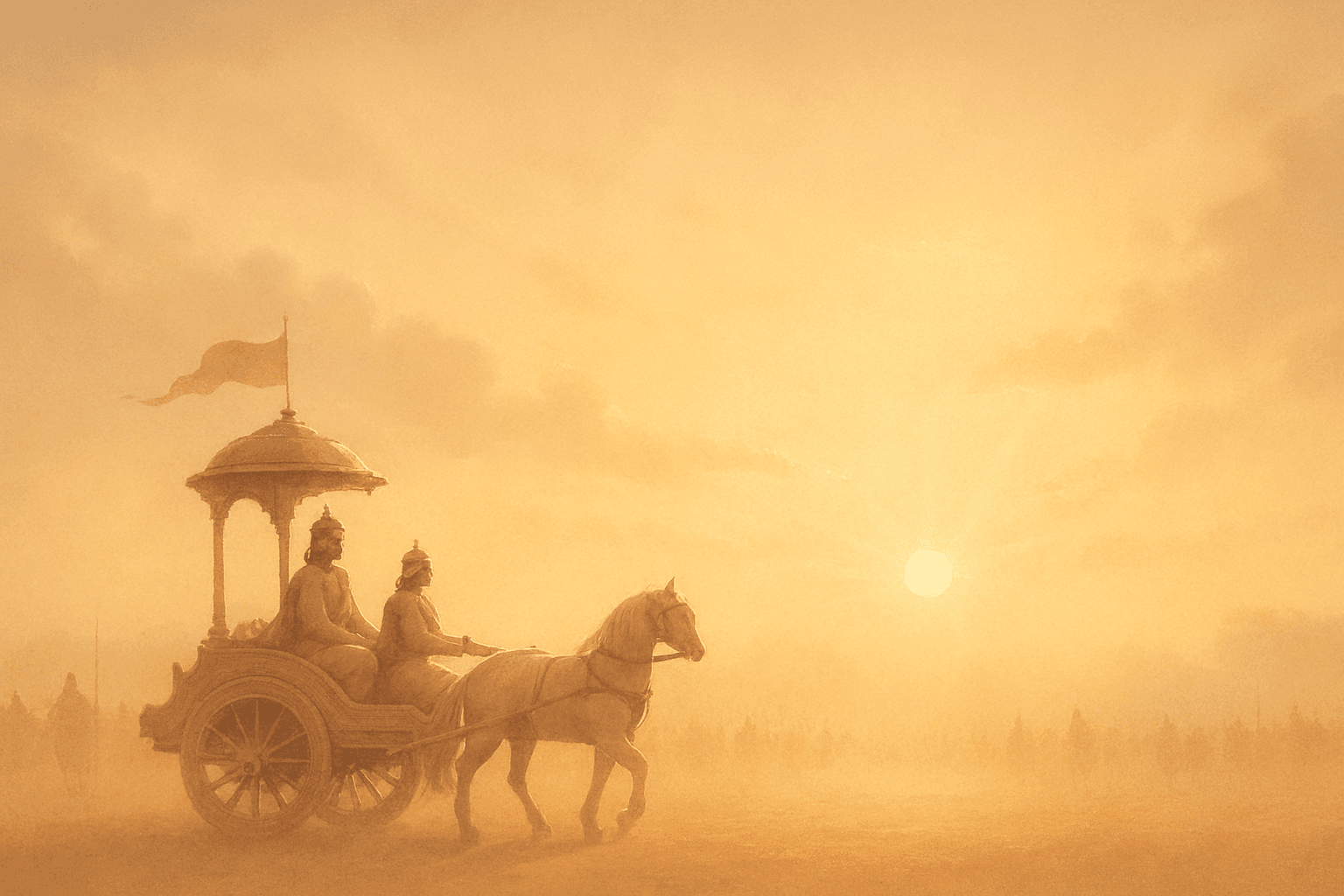 Golden sunrise over Kurukshetra with Krishna guiding Arjuna on a chariot — symbolic image of eternal soul from Bhagavad Gita Chapter 2 Shloka 12.