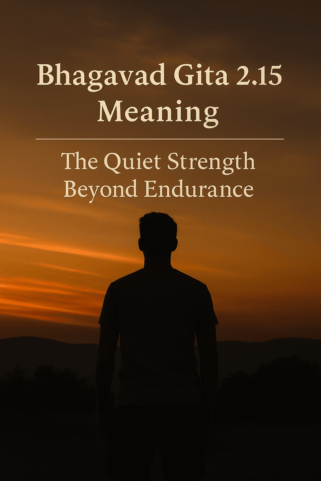 A silhouette meditating at sunset symbolizing calmness and inner peace from Bhagavad Gita 2.15 – Sama Duhkha Sukham Dhīram, the calm flame of awareness.