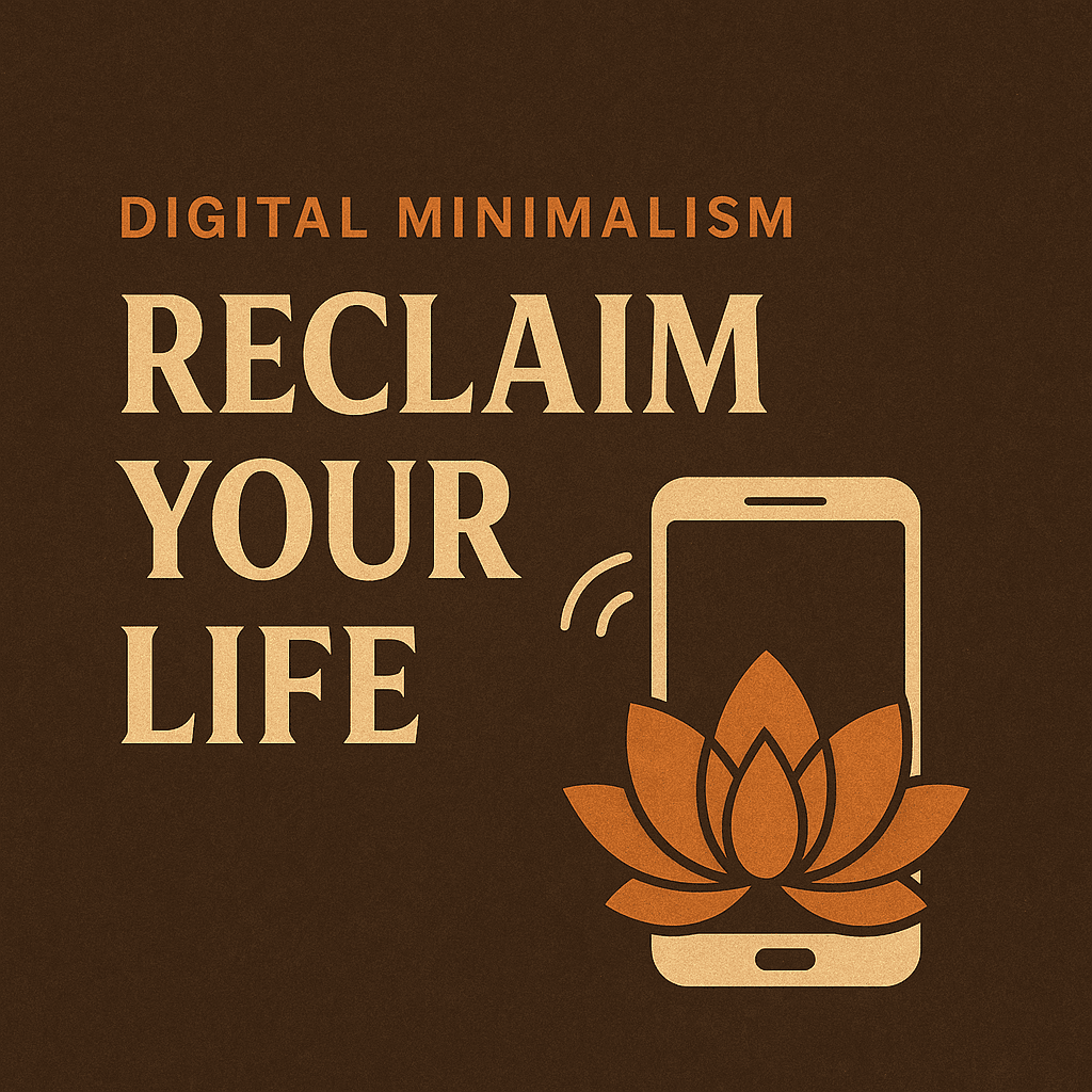 A meditating person surrounded by fading smartphones symbolizing digital minimalism and inner peace, glowing golden light in a dark modern background.