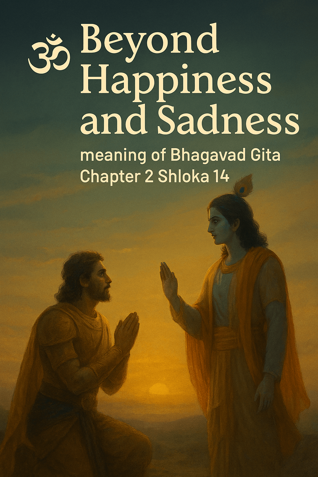 A serene digital painting showing a meditative figure sitting at sunrise with Lord Krishna’s essence in the background, symbolizing the message of Bhagavad Gita Chapter 2 Shloka 14 — embracing sukha (joy) and dukha (sorrow) with calm awareness and Titiksha (endurance).